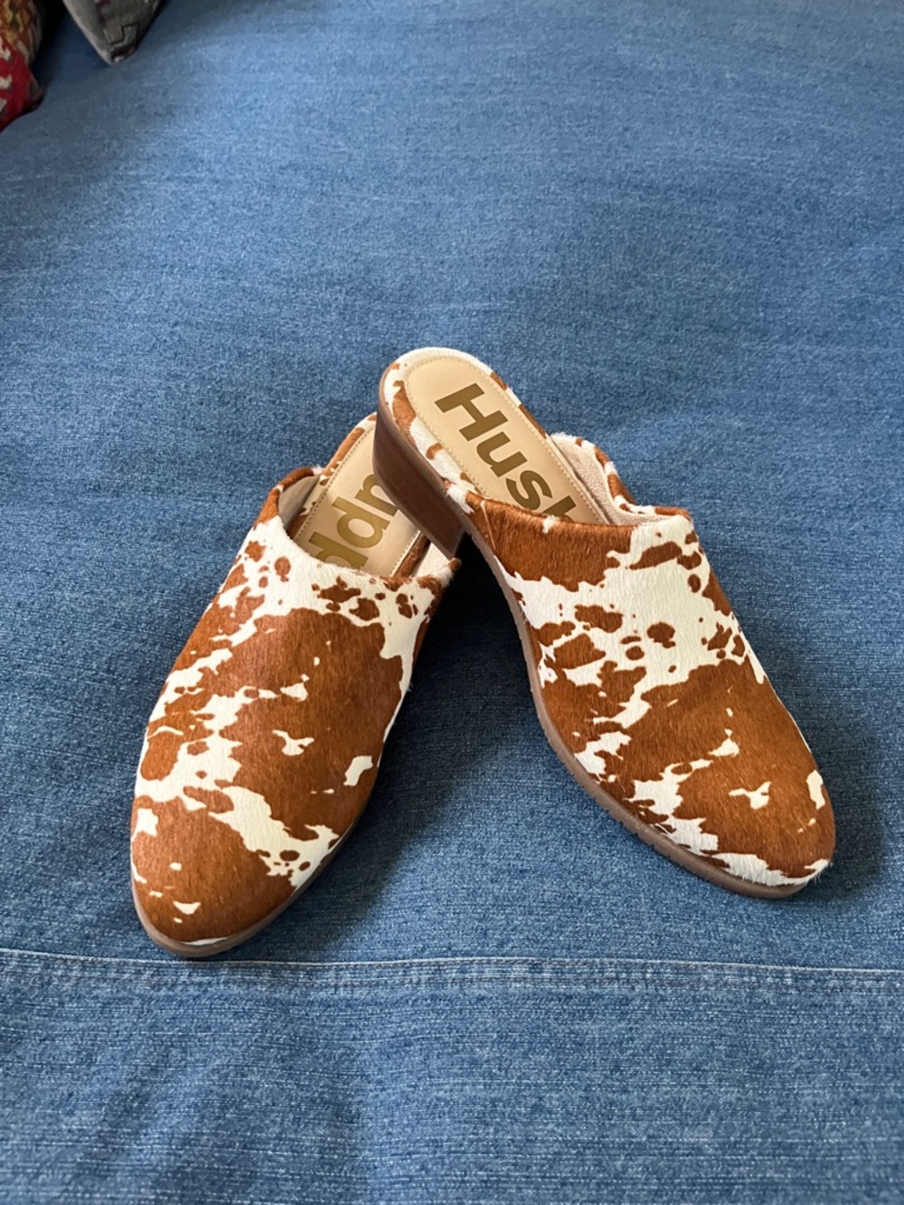 Hush Puppies Brown and White Cowprint Mules